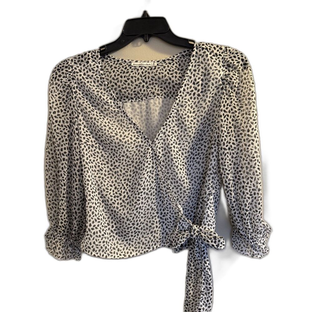Abercrombie & Fitch Black & White Leaf Print Wrap Tie Top - M - Boho Tropical